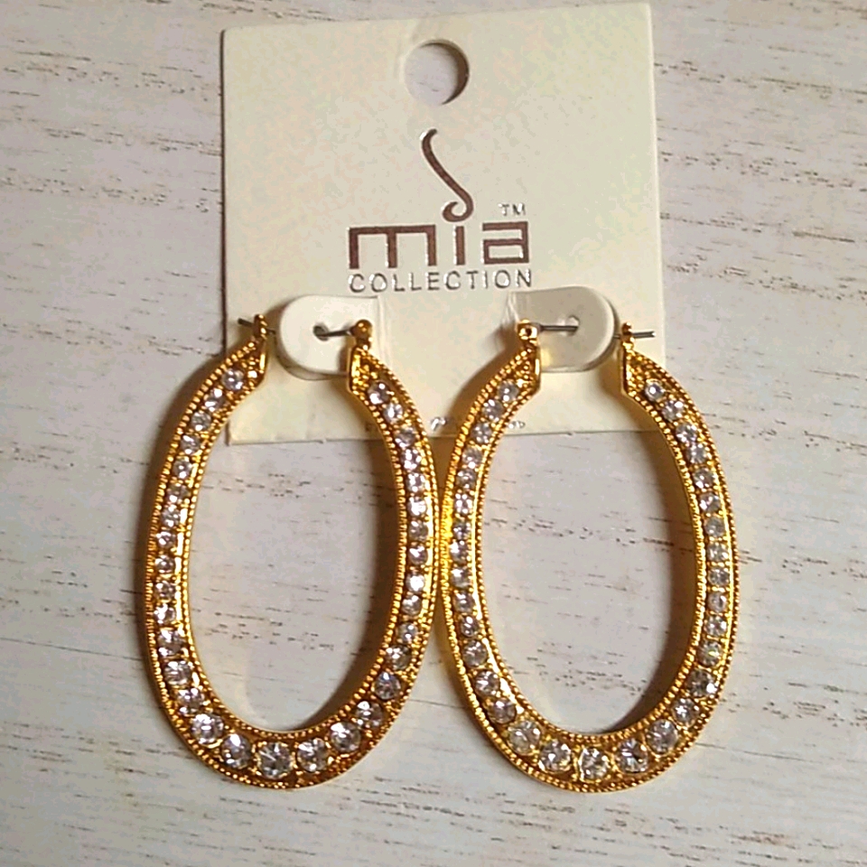 3 For $15 Clear Bling Gold Oval Hoop Earrings
